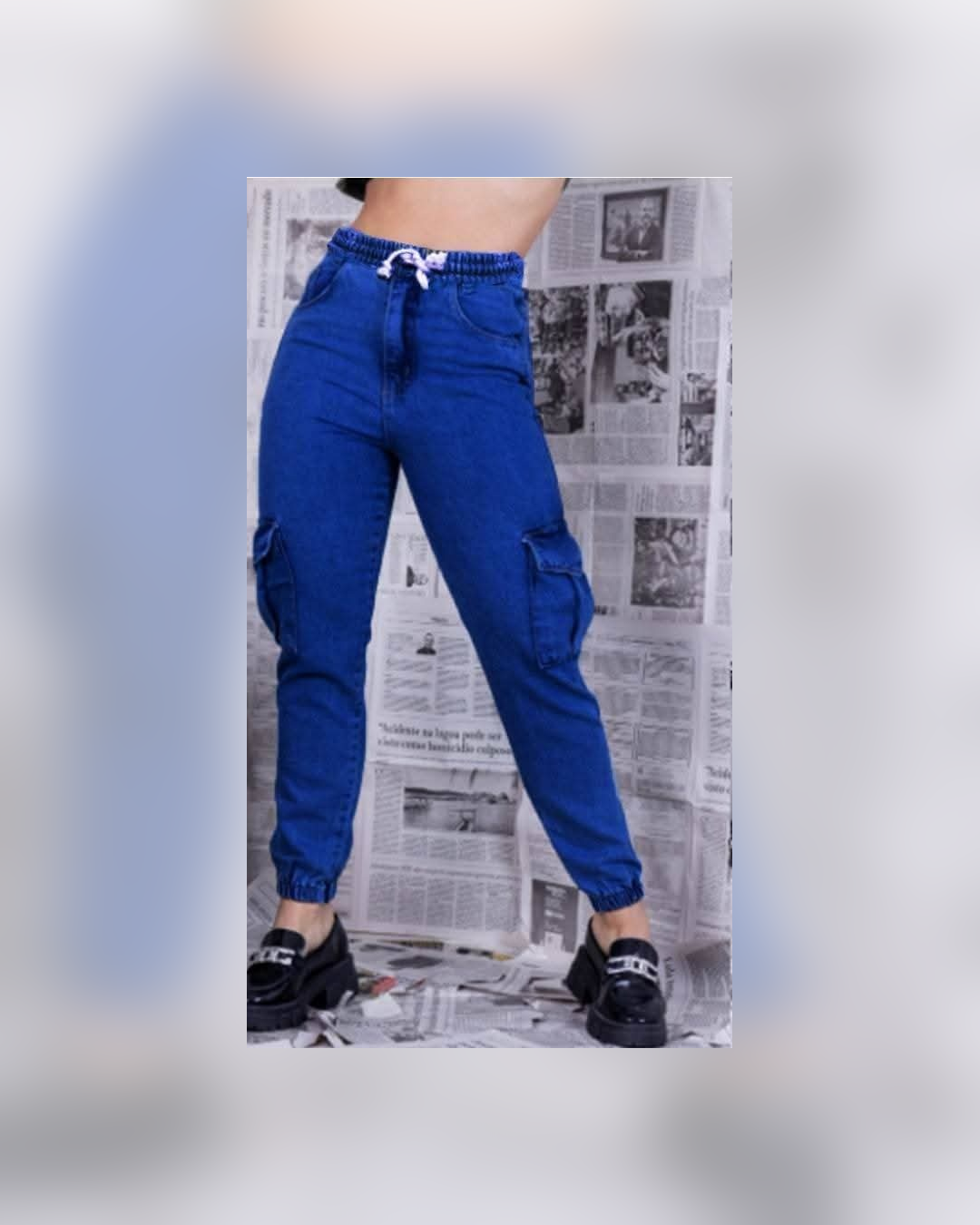 Royal blue denim cargo jogger pants with drawstring waist and cuffed ankles