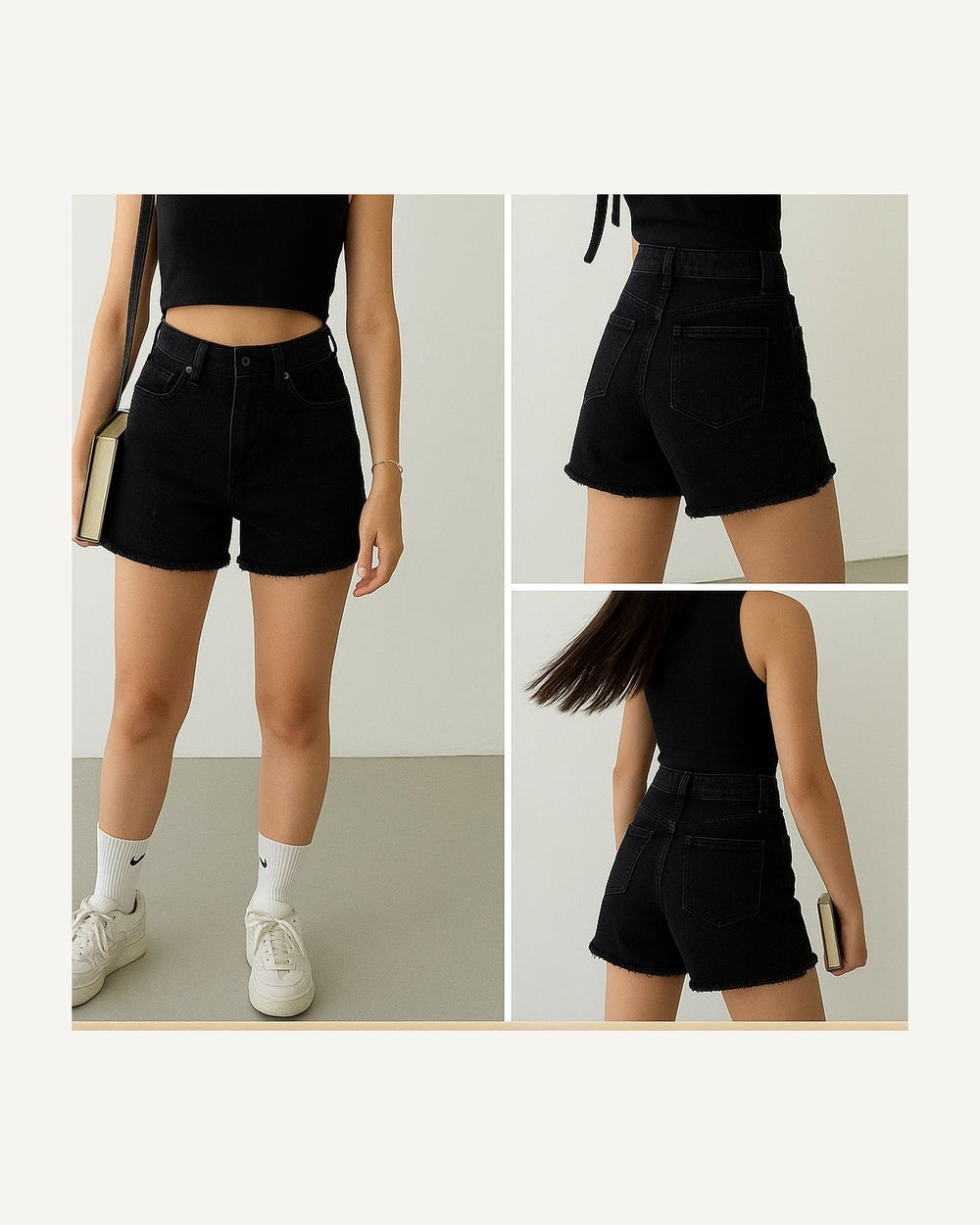 High waist denim shorts in black