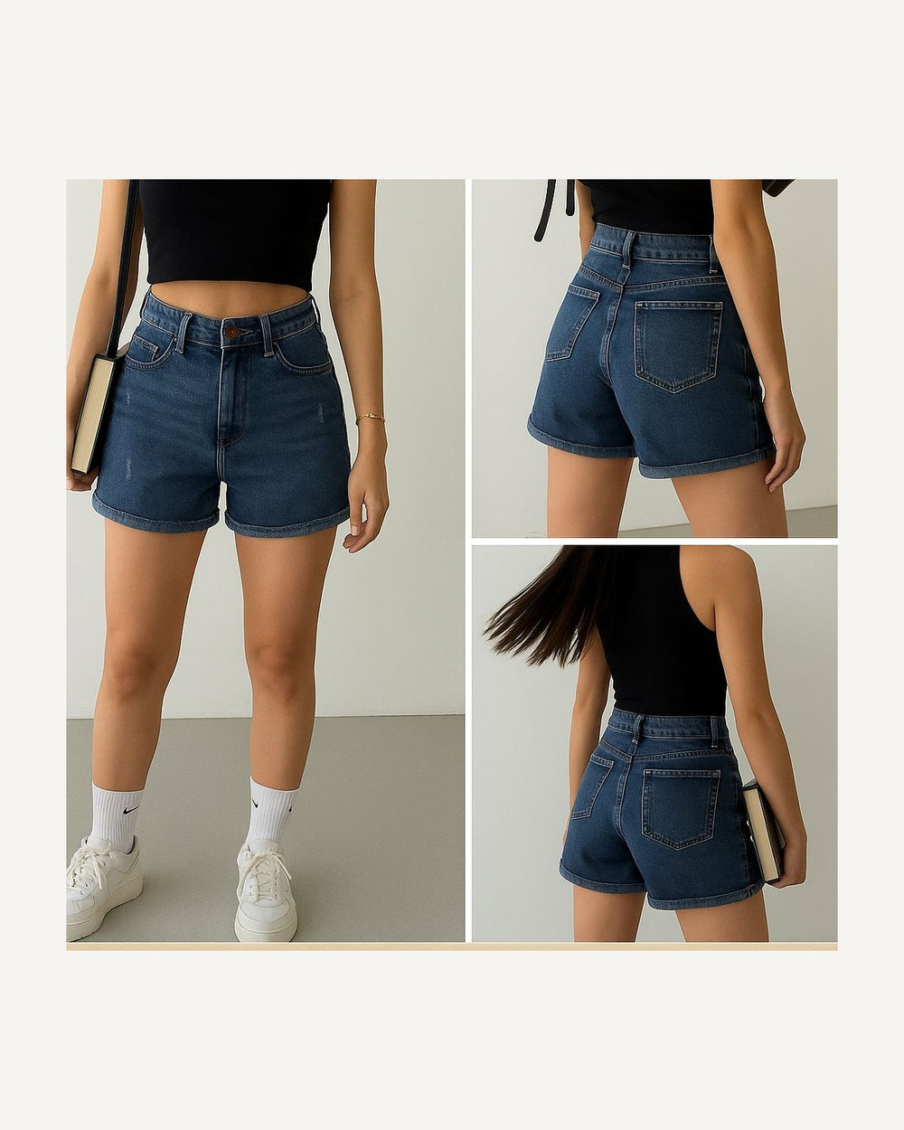 High waist denim shorts in dark blue
