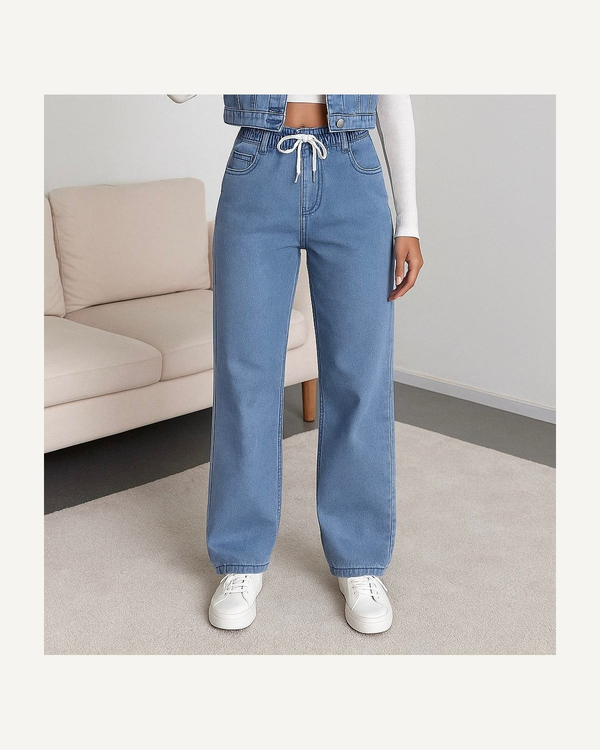 Drawstring wide-leg jeans in light blue
