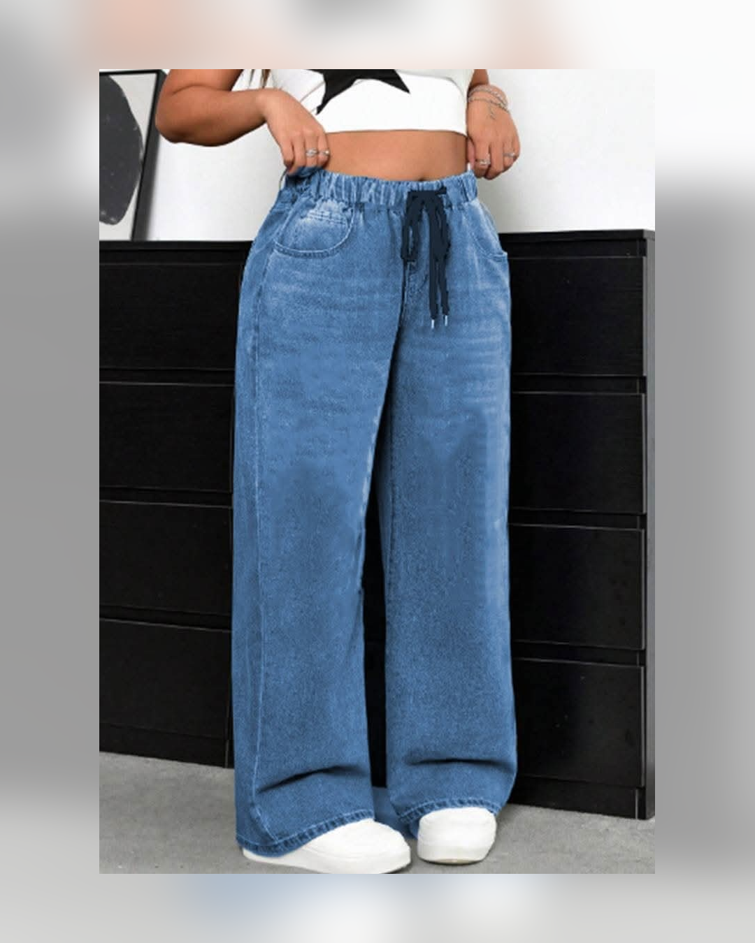 Drawstring wide leg denim jeans in light blue