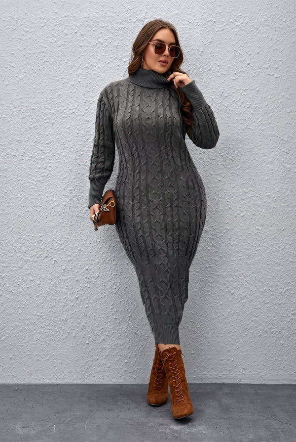 Cable knit turtleneck sweater dress - Charcoal Grey