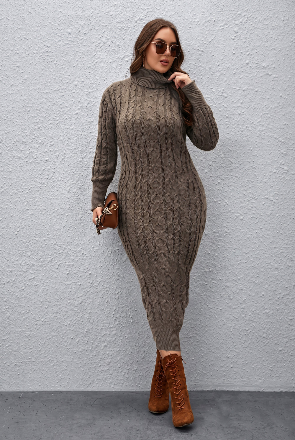Cable knit turtleneck sweater dress - Mocha
