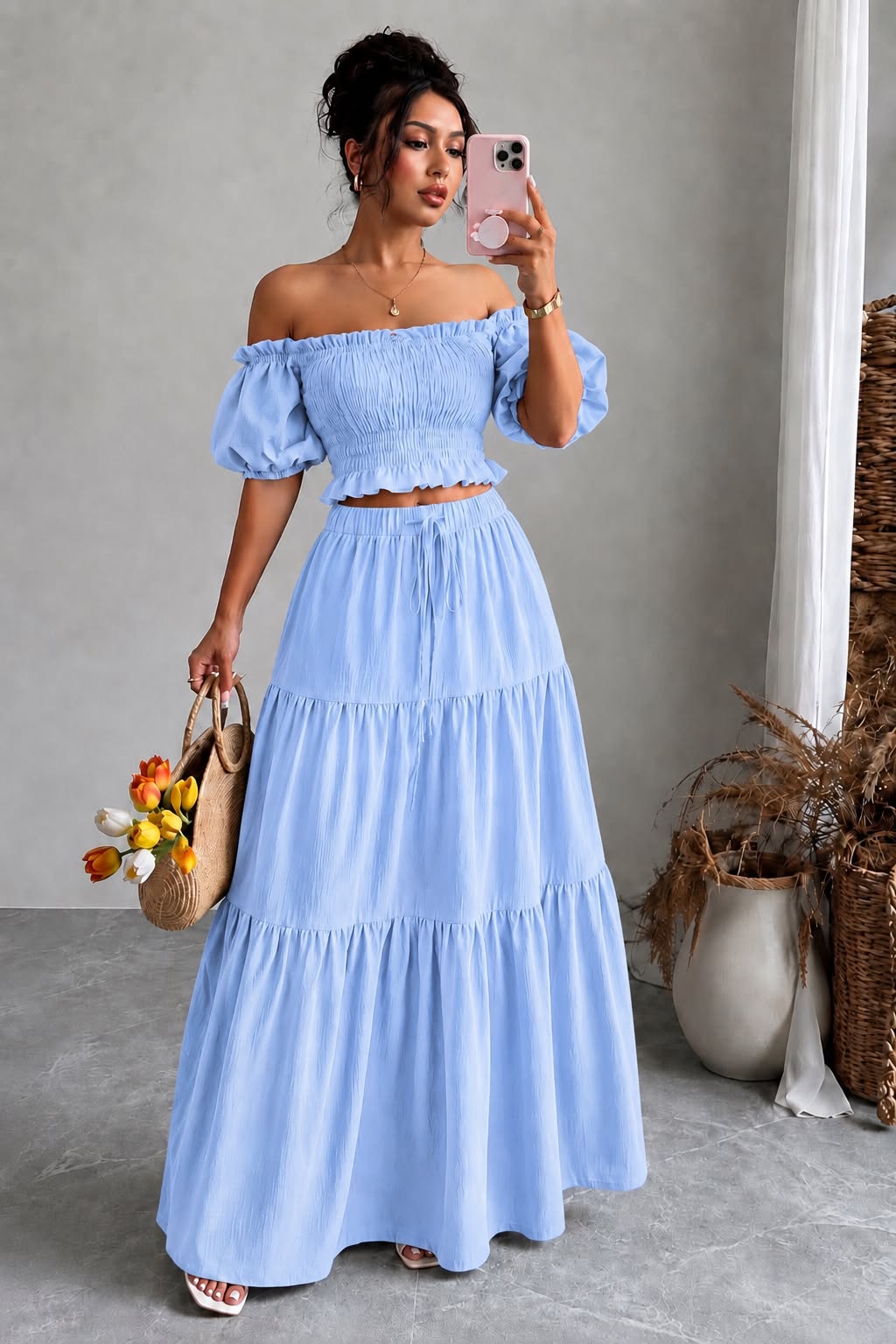 Off-Shoulder Shirred Maxi Two-Piece Set