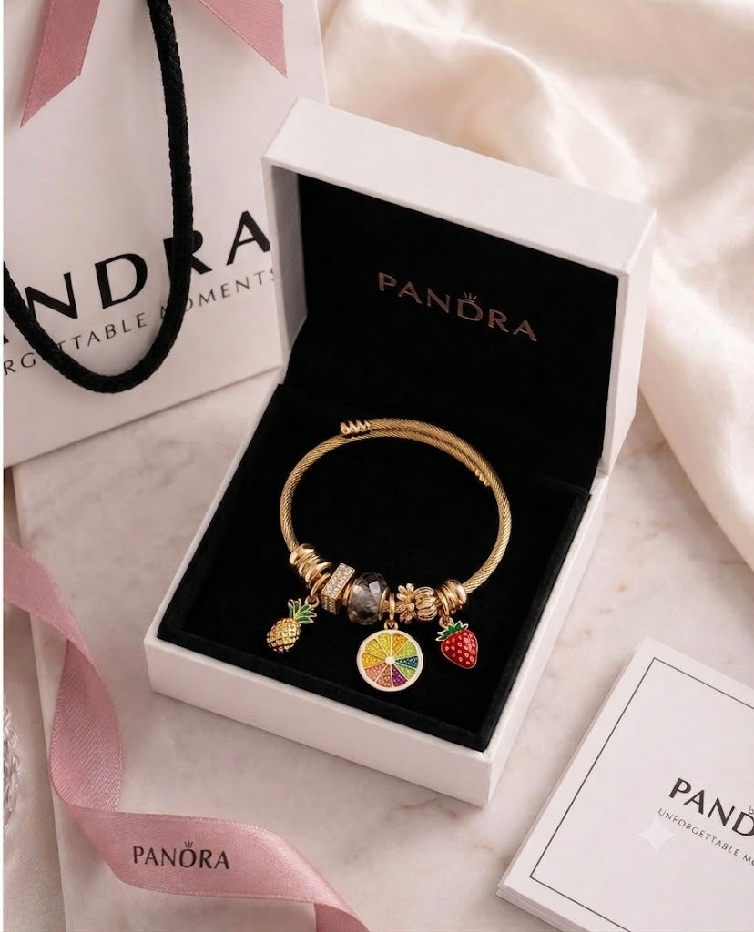 Gold Fruit Charm Bangle Bracelet