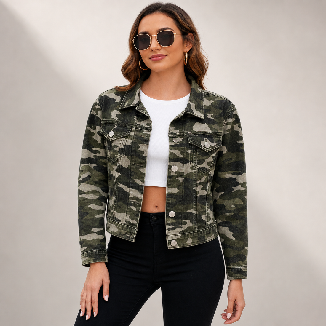 Women's green camo denim jacket