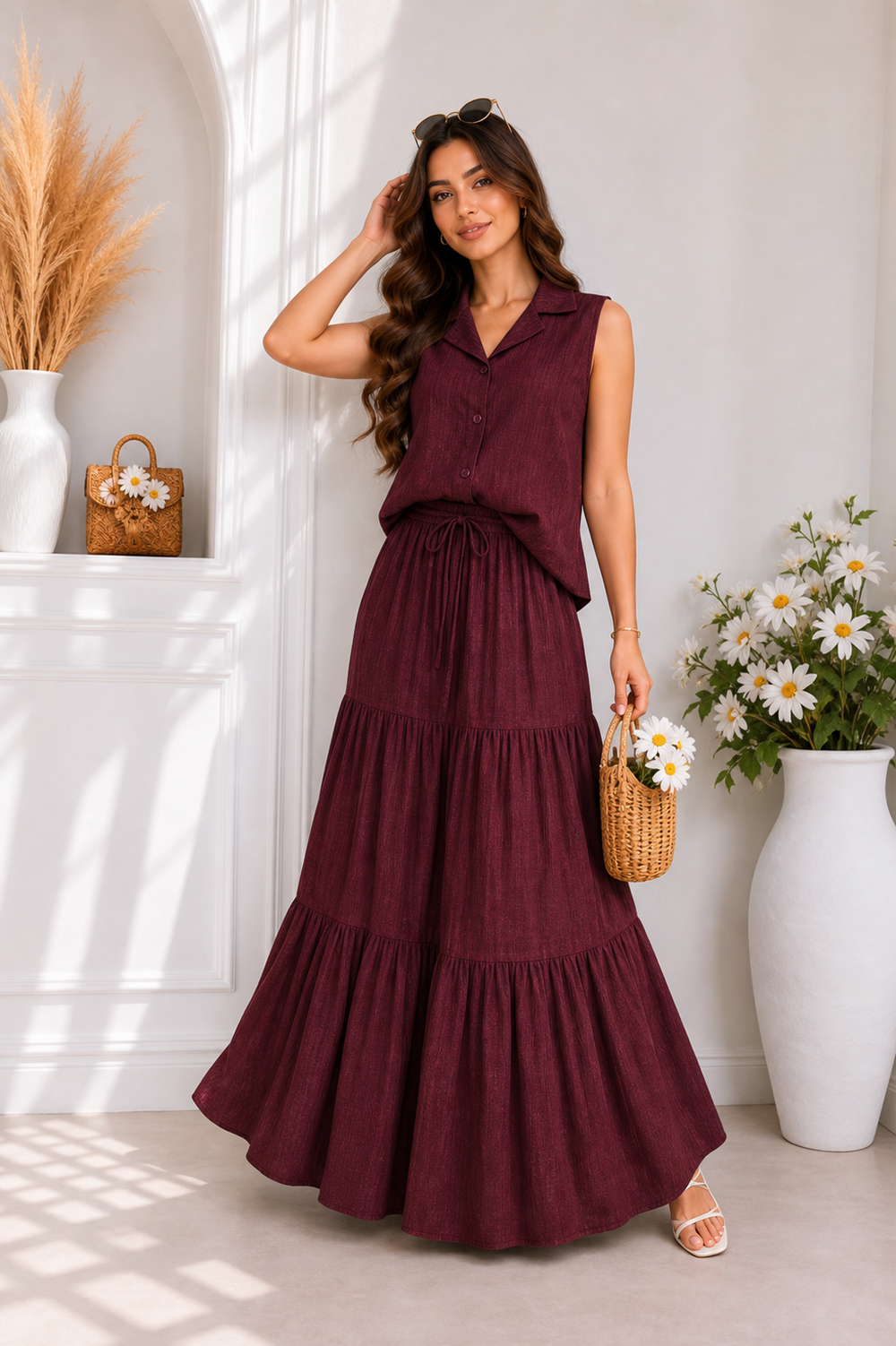 Burgundy tiered maxi two-piece set