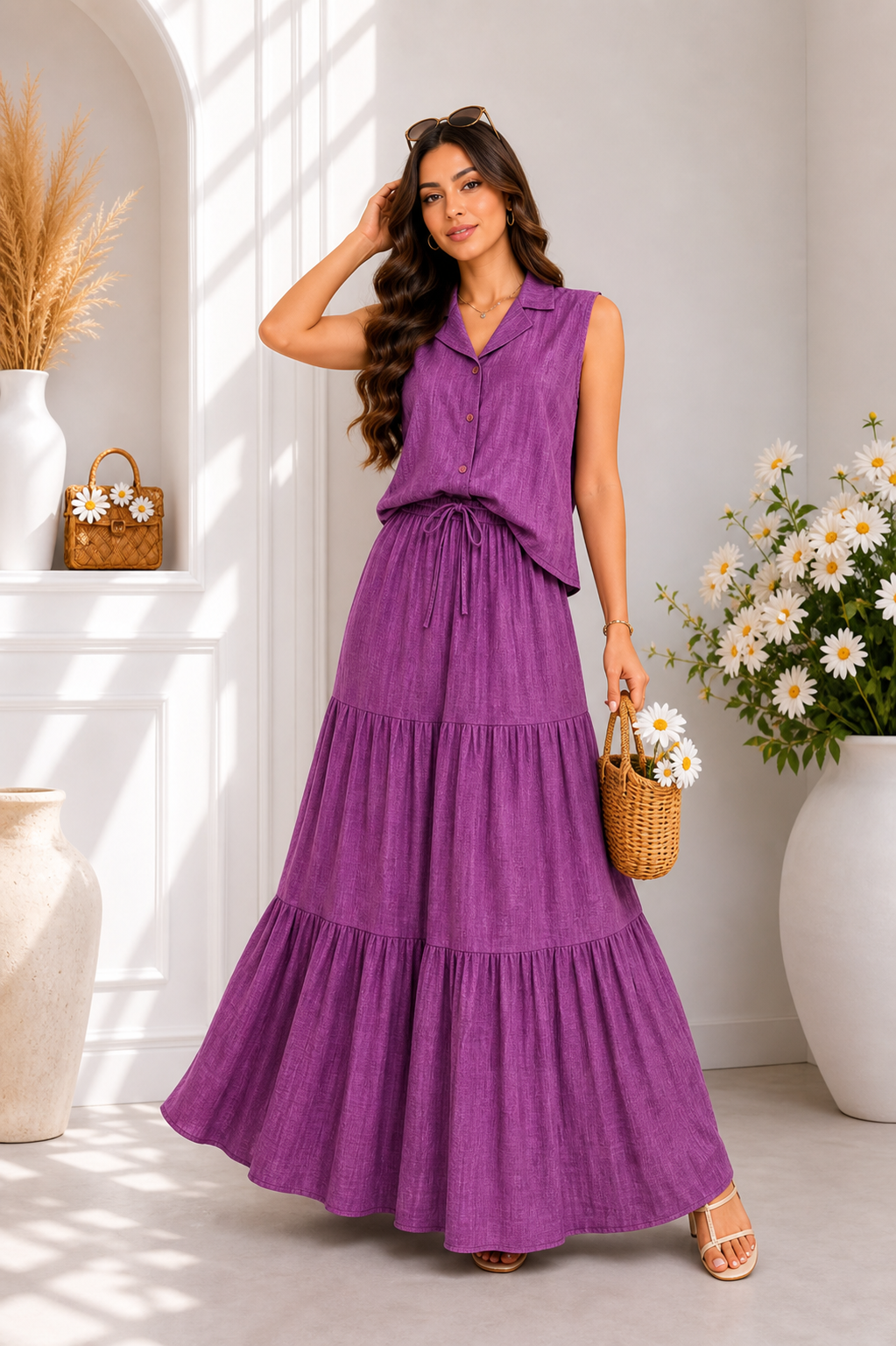 Magenta tiered maxi two-piece set