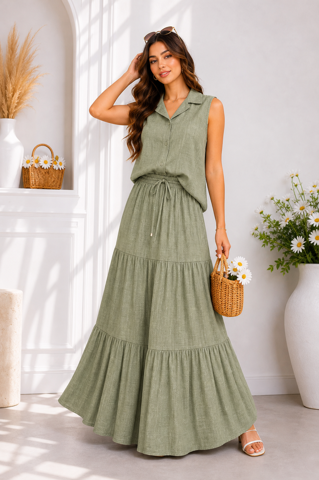 Sage green tiered maxi two-piece set