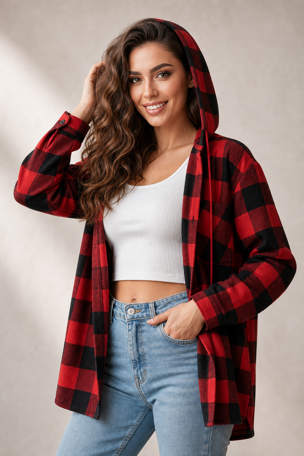 Women's hooded plaid shacket in red buffalo check