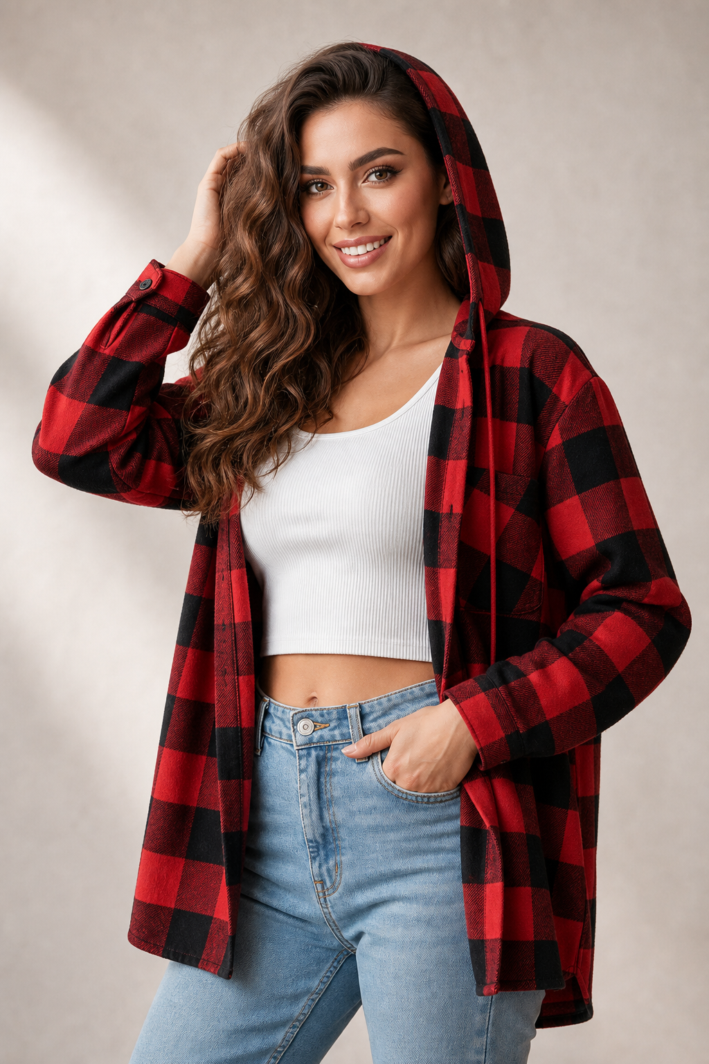 Women's hooded plaid shacket in red buffalo check