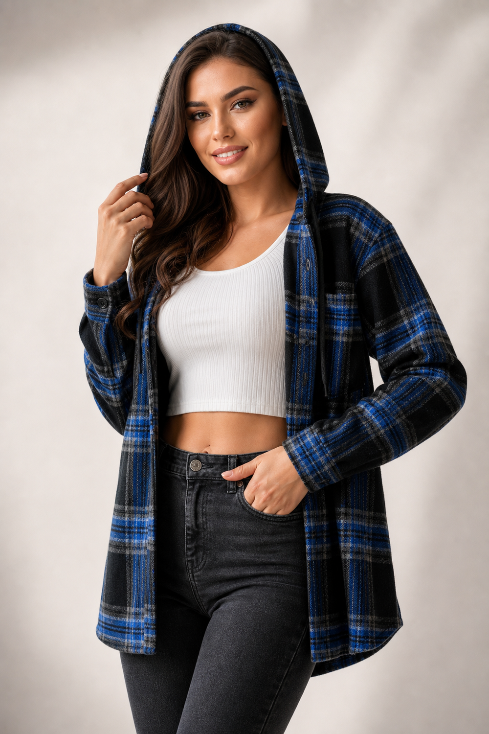 Women's hooded plaid shacket in blue plaid