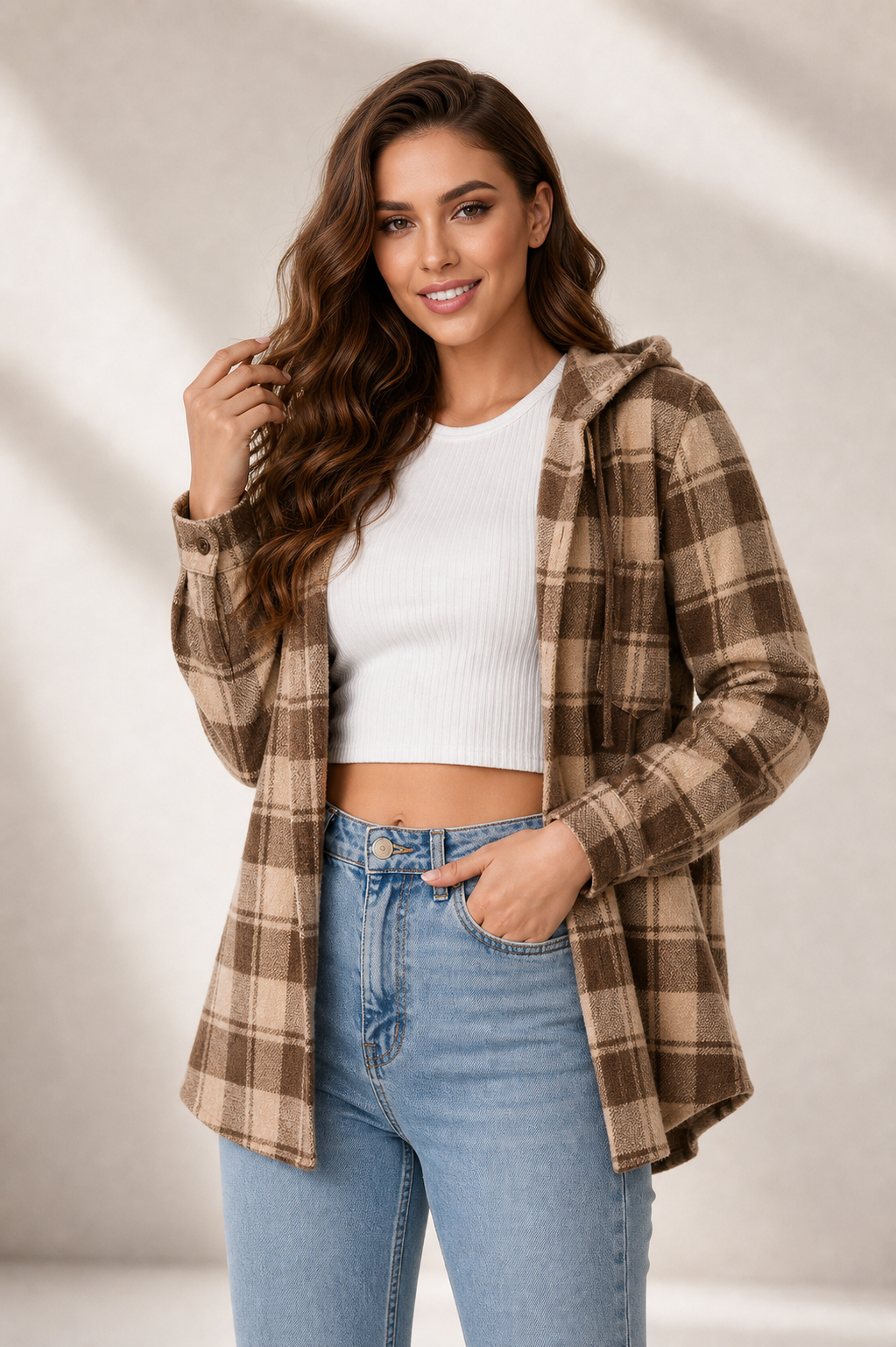 Women's hooded plaid shacket in brown plaid