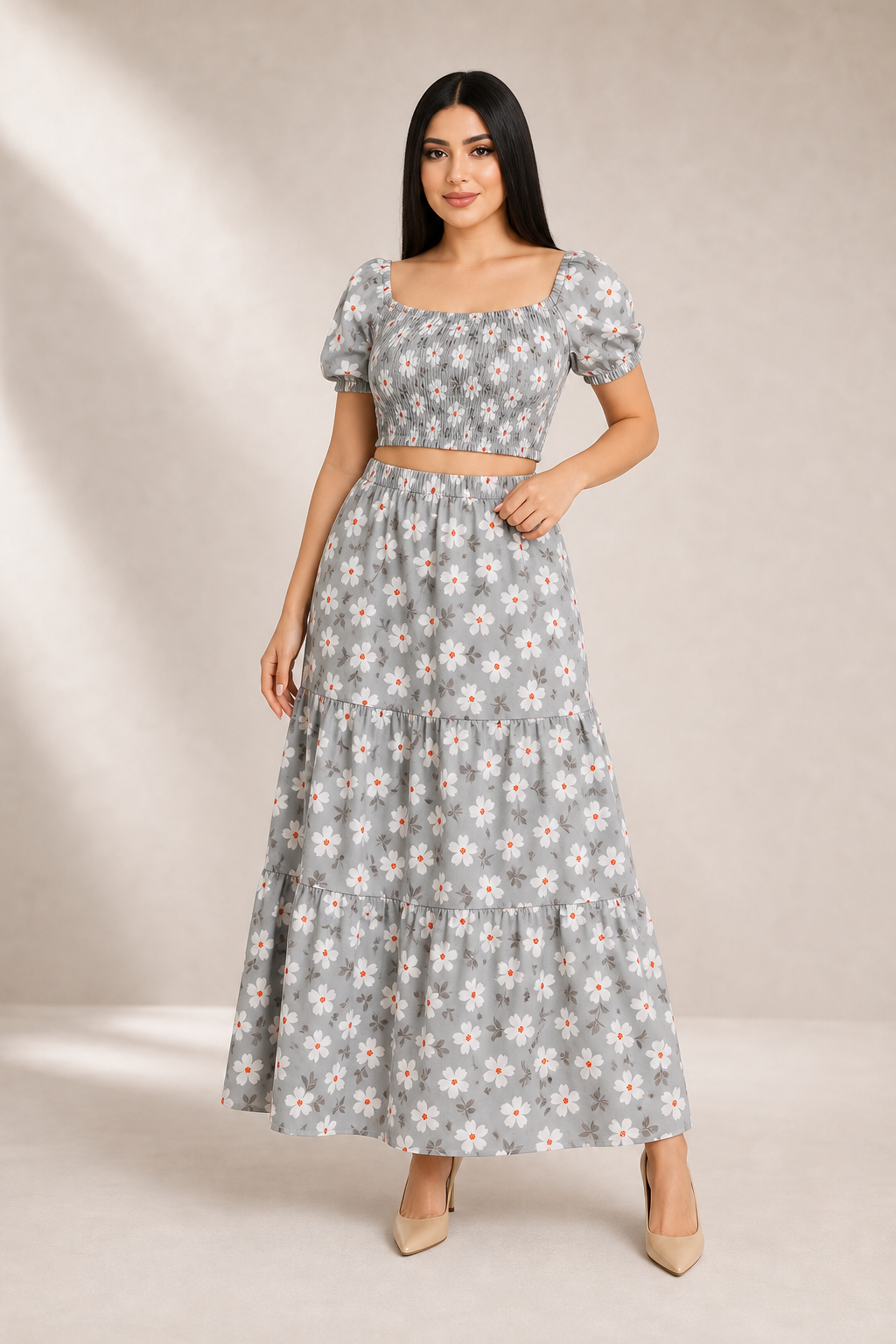 Provence Daisy-Print Tiered Maxi Set - sage daisy floral two-piece