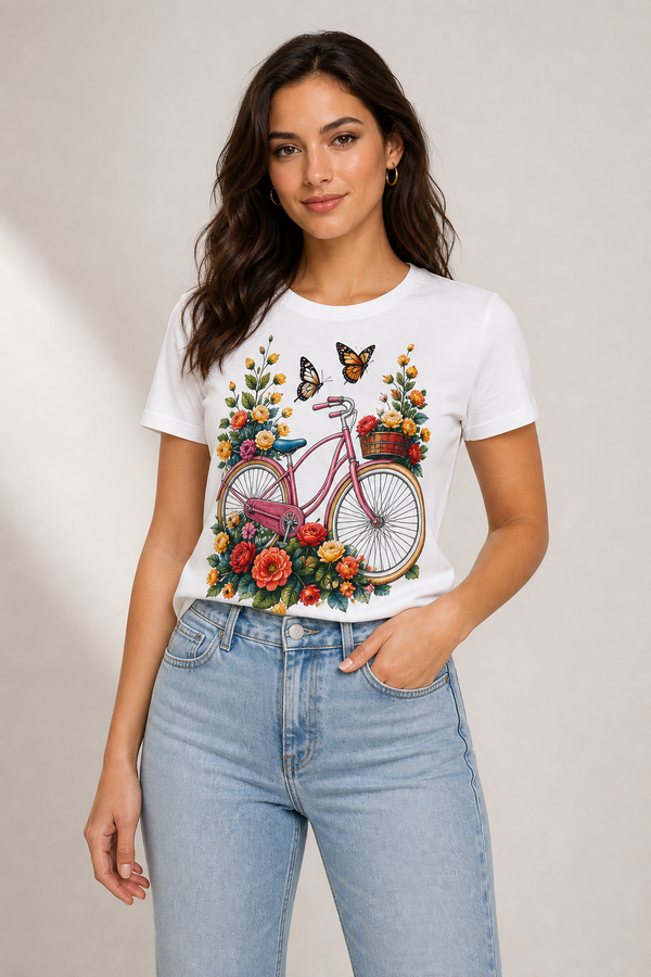 White graphic tee with floral bicycle and butterfly print