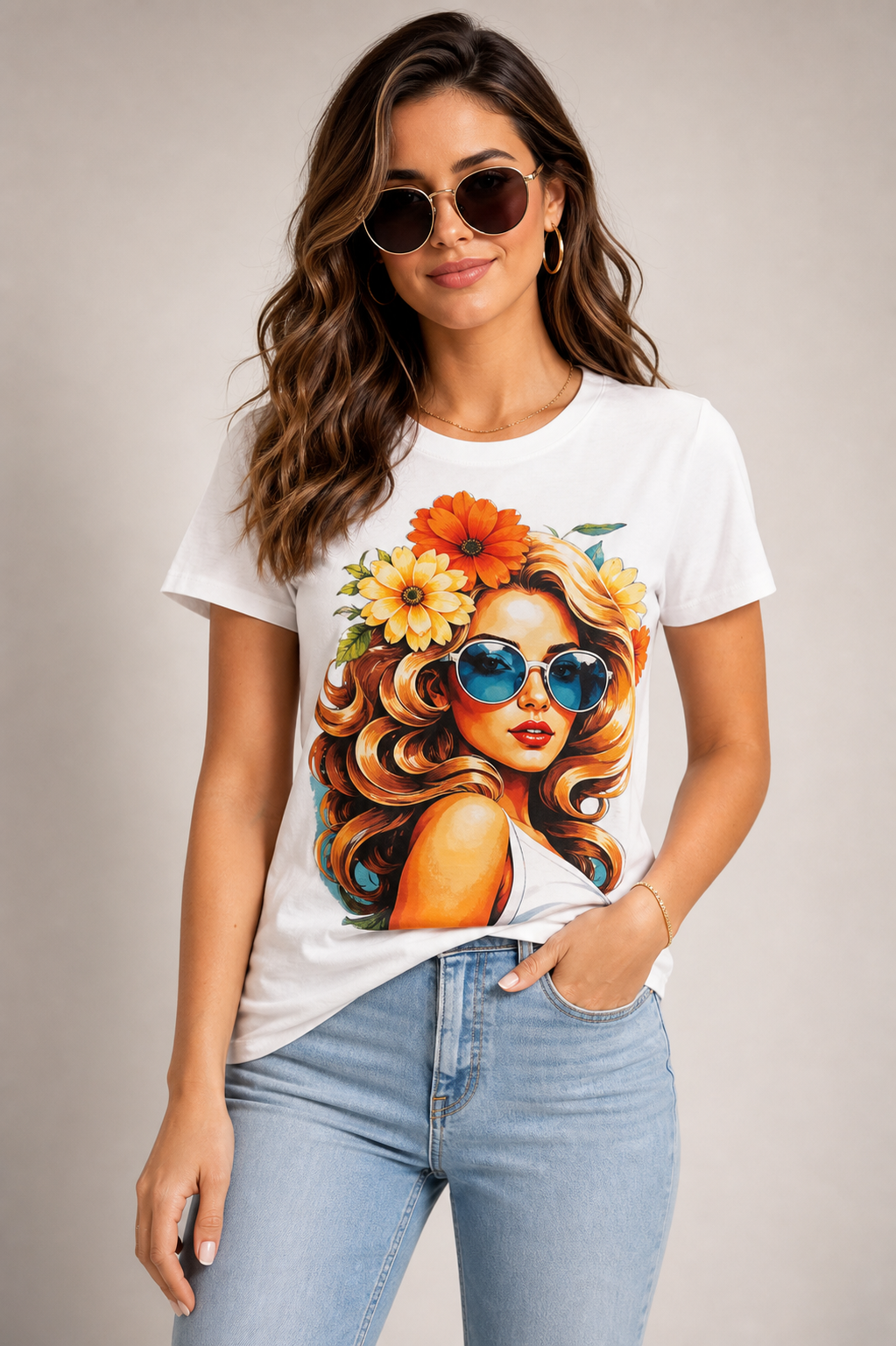 White graphic tee with retro flower girl sunglasses print