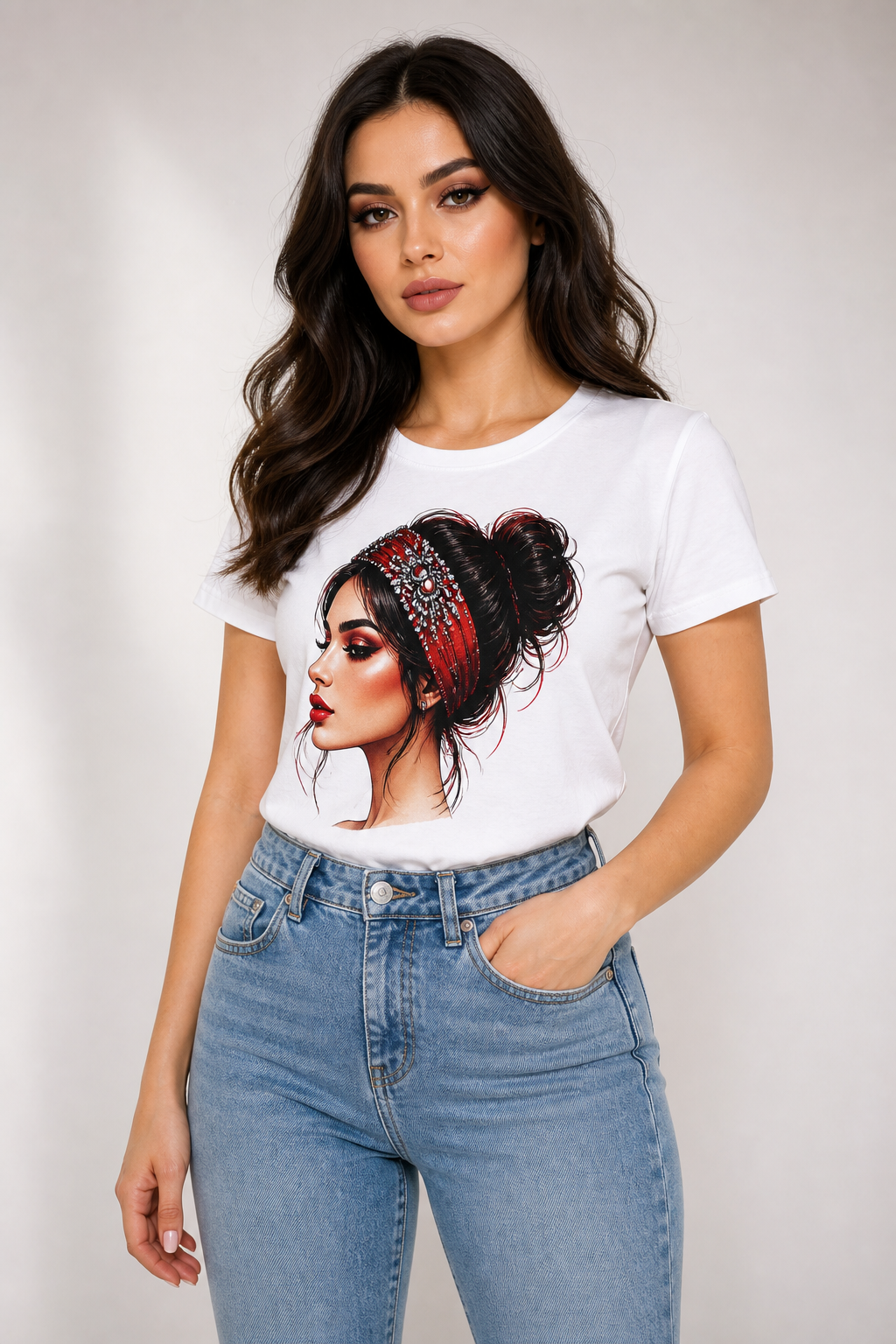 White graphic tee with crystal headband girl art print