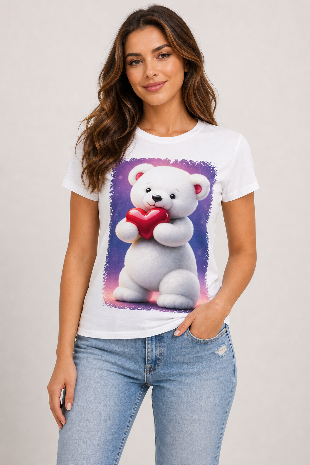 White graphic tee with teddy bear holding a red heart print