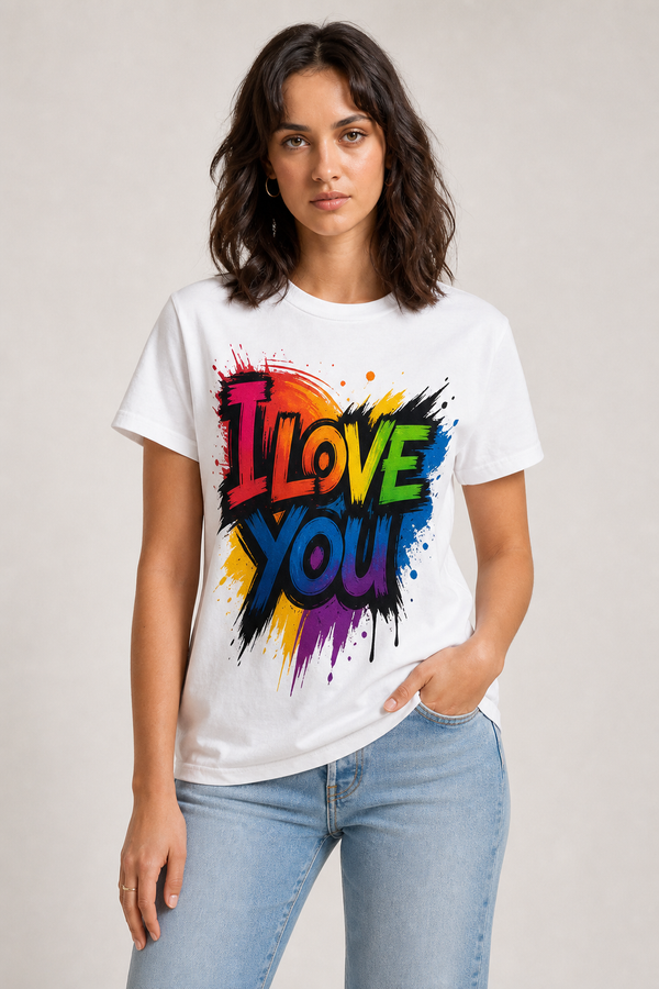 White graphic tee with rainbow I Love You graffiti print