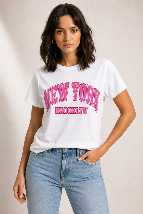 White graphic tee with pink New York Brooklyn collegiate print