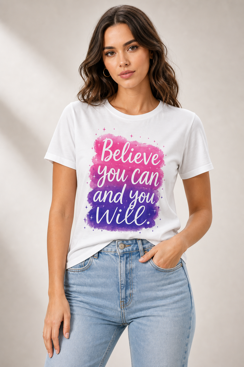 White graphic tee with Believe You Can And You Will watercolor print