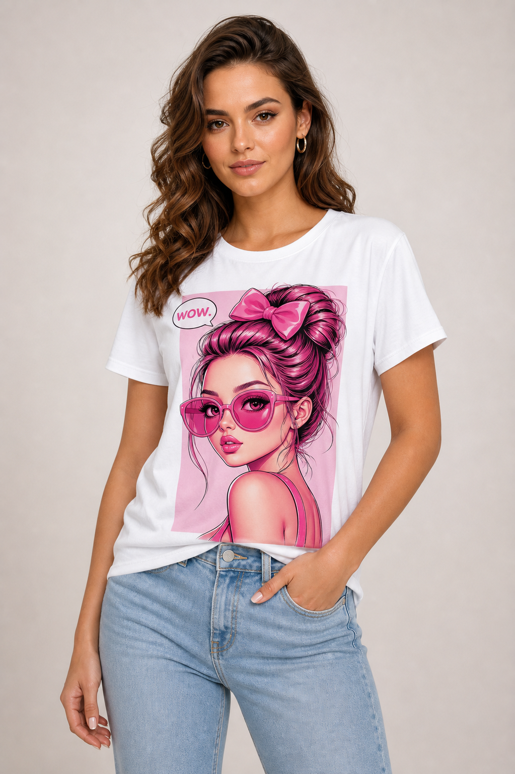White graphic tee with pink WOW pop art girl print