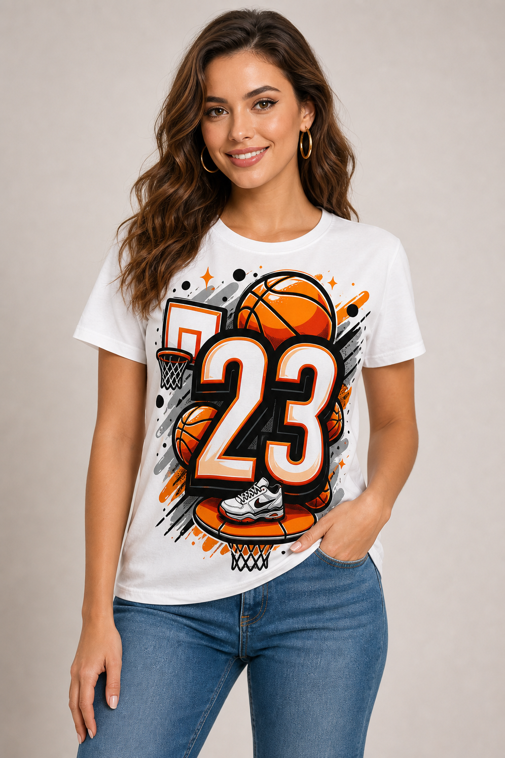 White graphic tee with basketball 23 street art print