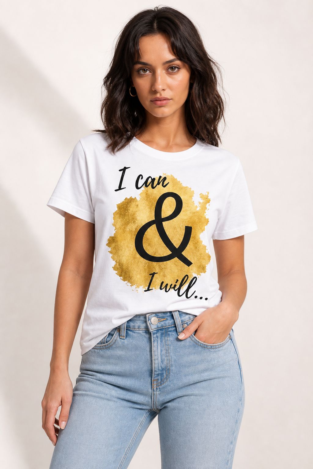 White graphic tee with gold I Can and I Will motivational print