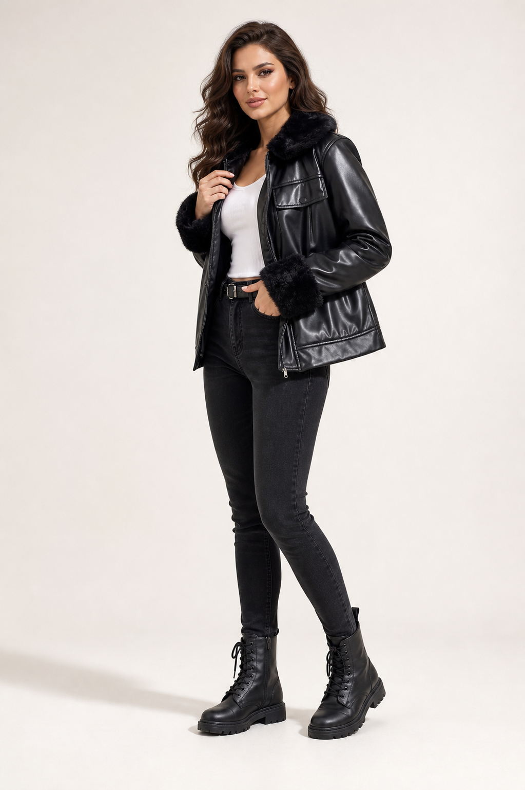 Black faux leather jacket with fur collar and cuffs