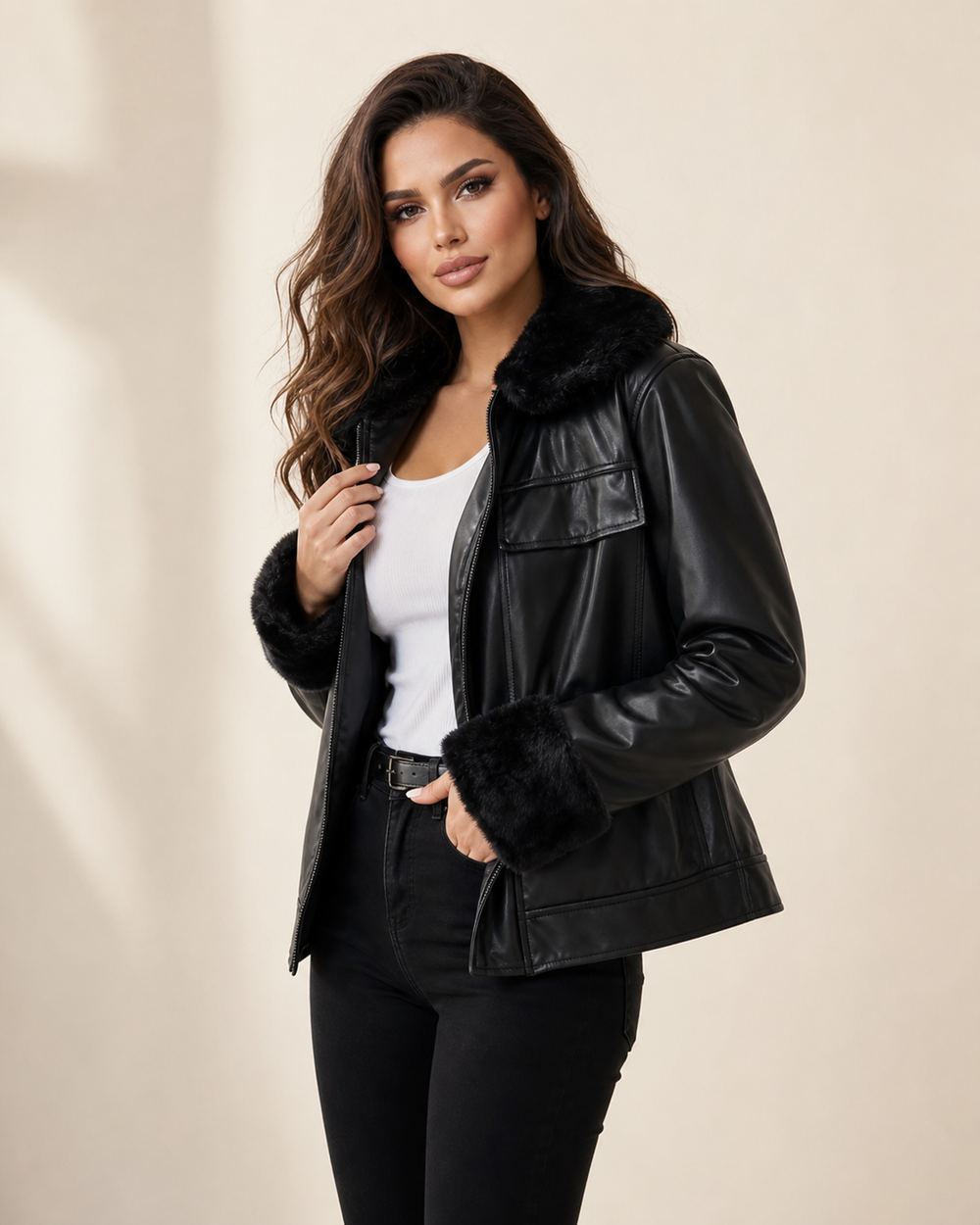 Black faux-leather fur-trim jacket detail