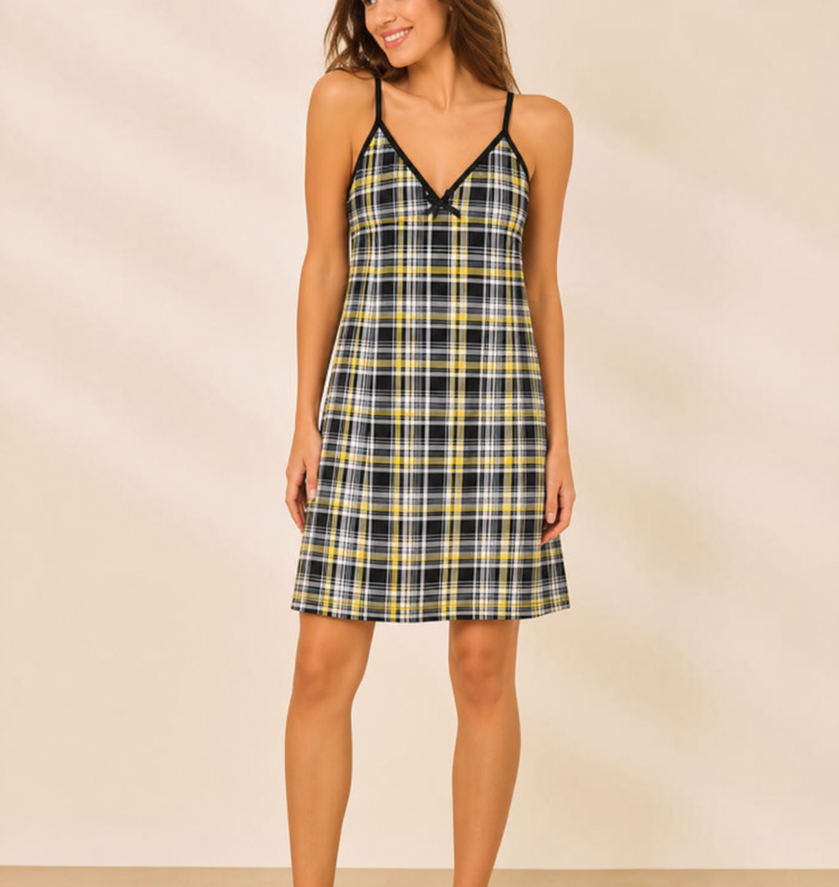 Yellow plaid printed slip dress