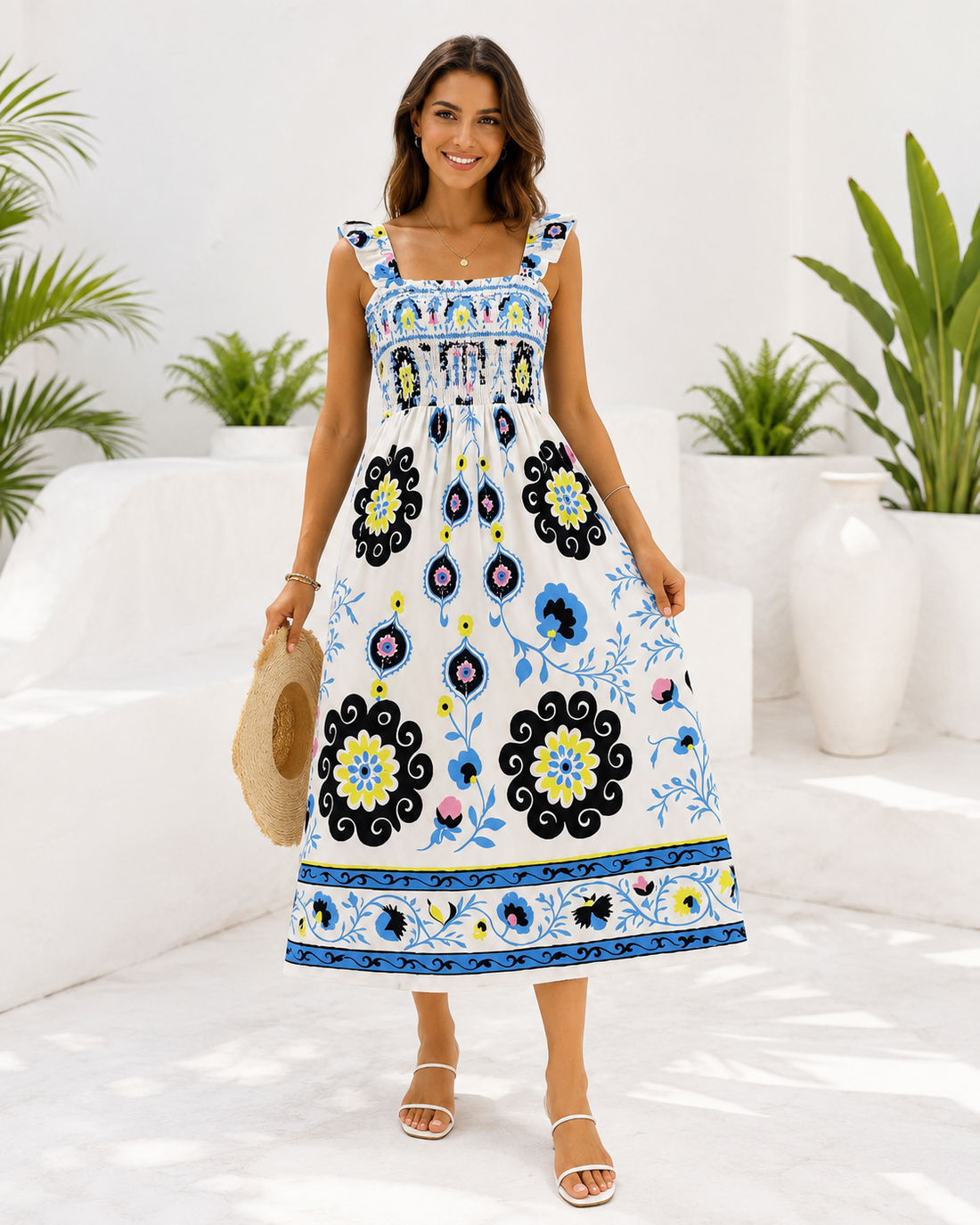 Mykonos Print Strappy Midi Dress