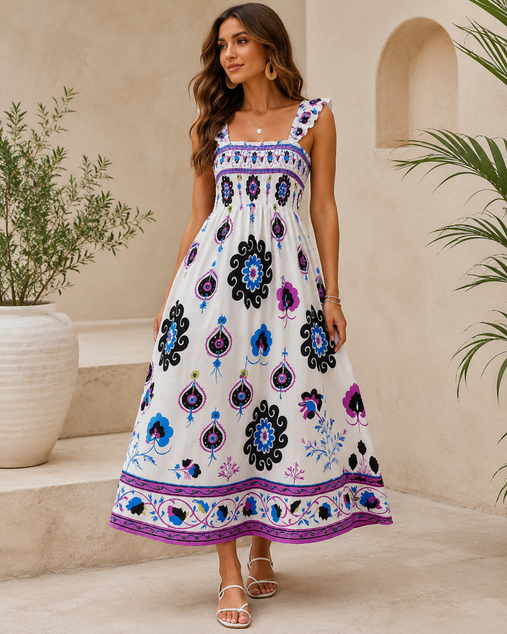 Mykonos Print Strappy Midi Dress
