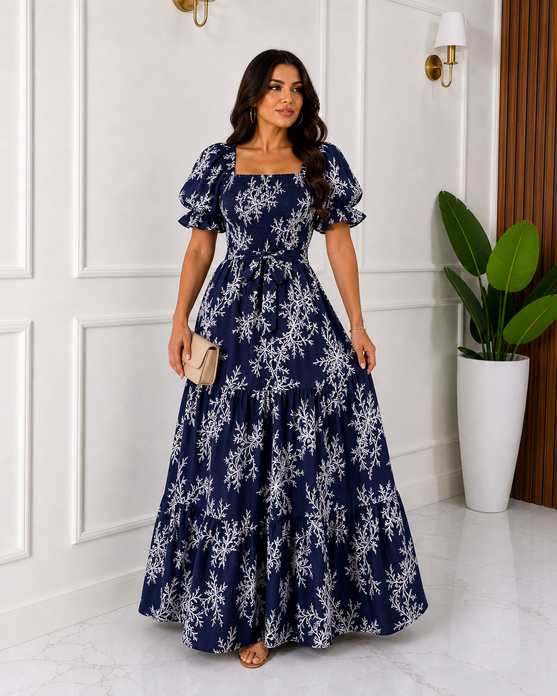 Navy botanical puff sleeve maxi dress