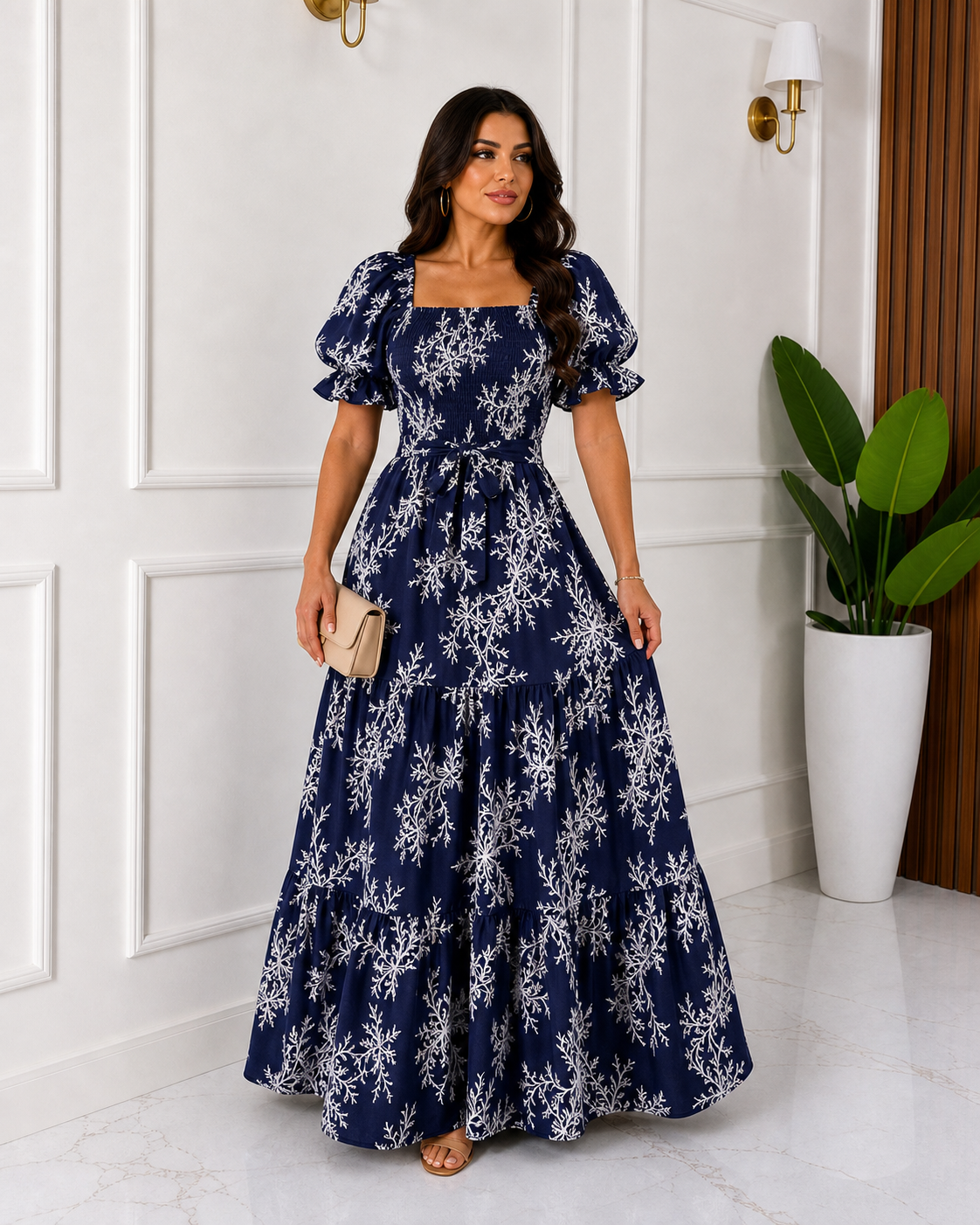 Navy botanical puff sleeve maxi dress