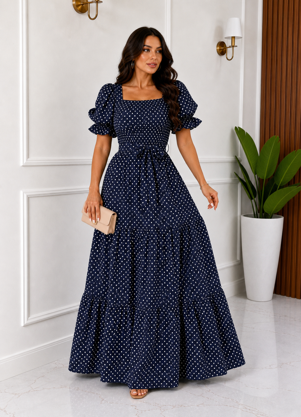 Navy polka dot puff sleeve maxi dress