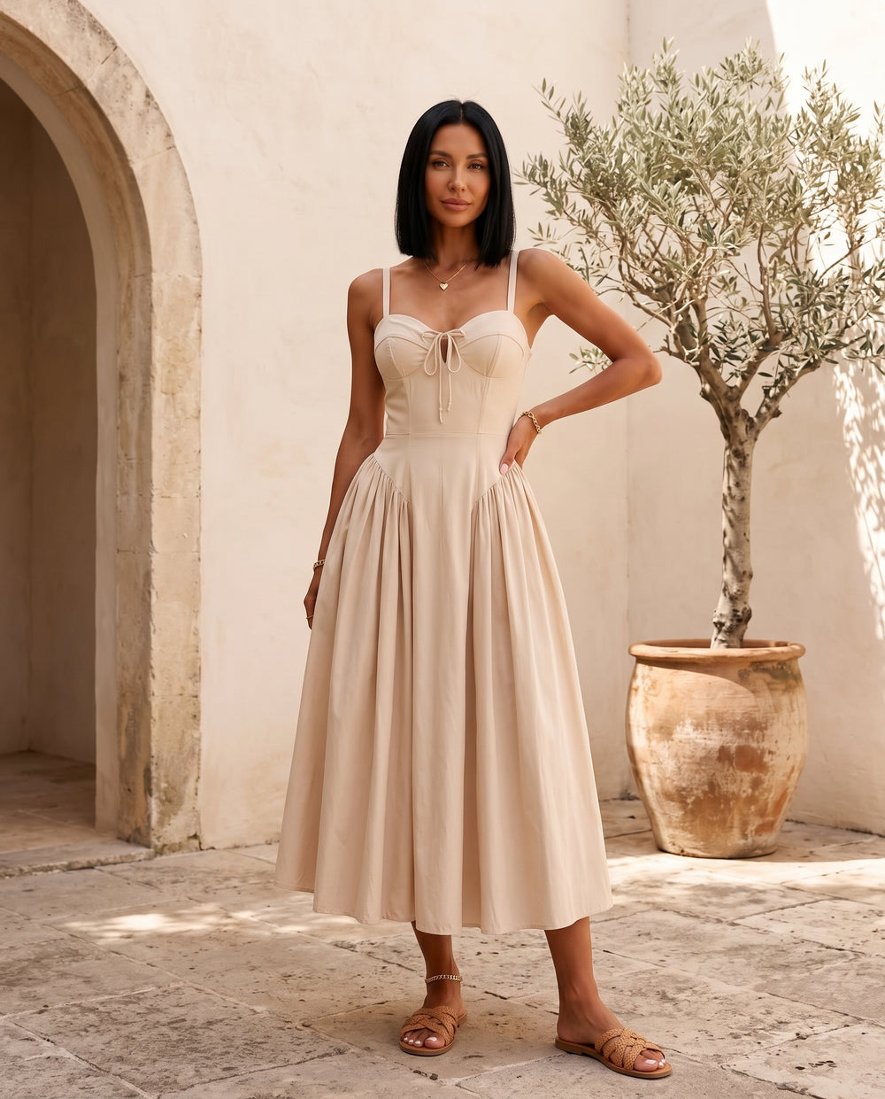 Beige sweetheart corset midi dress