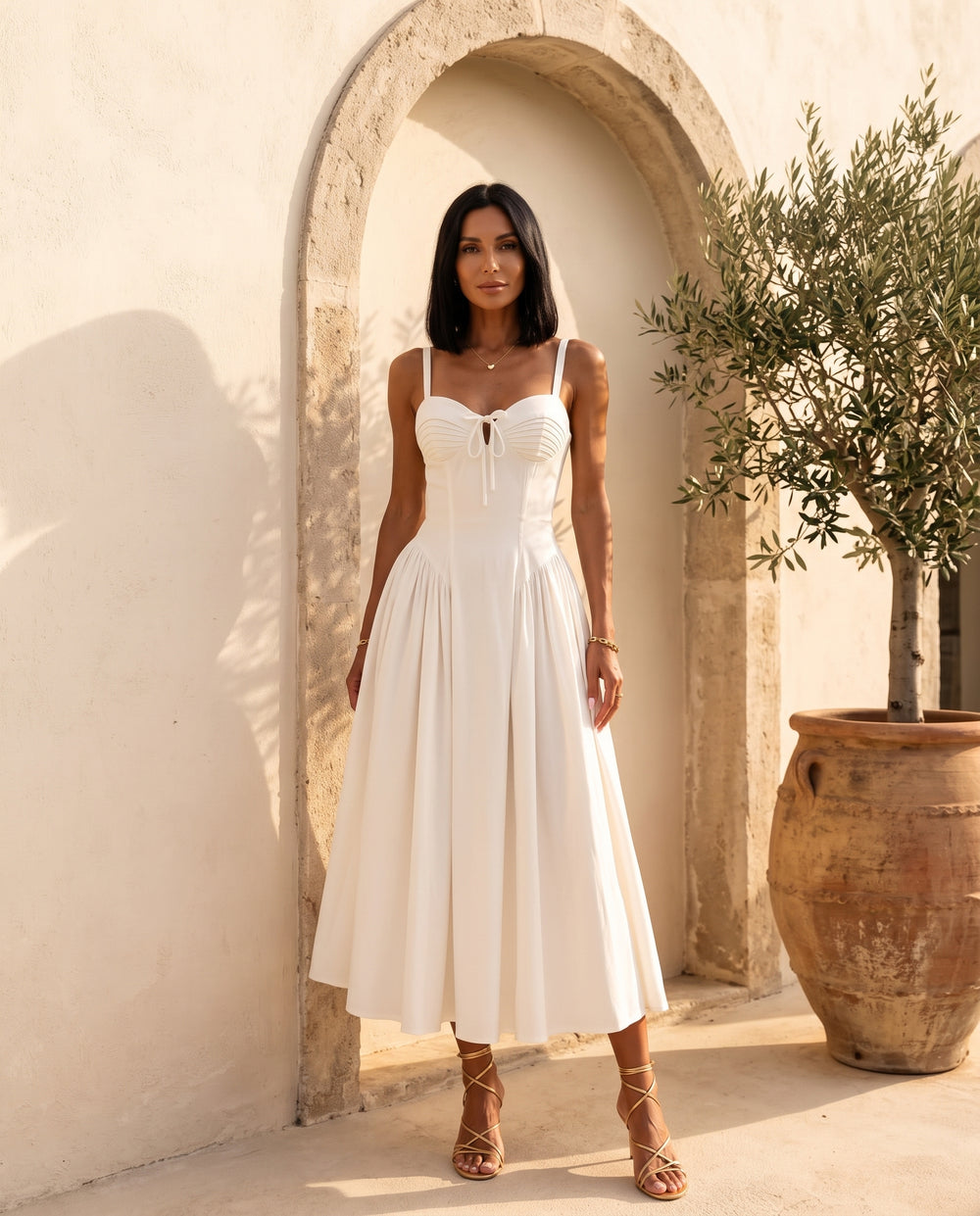 White sweetheart corset midi dress