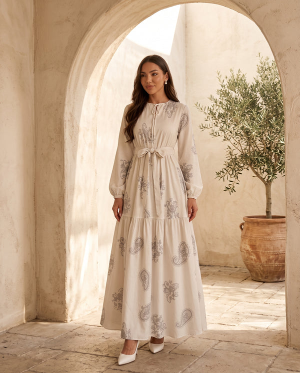 White Paisley tie-neck belted maxi dress