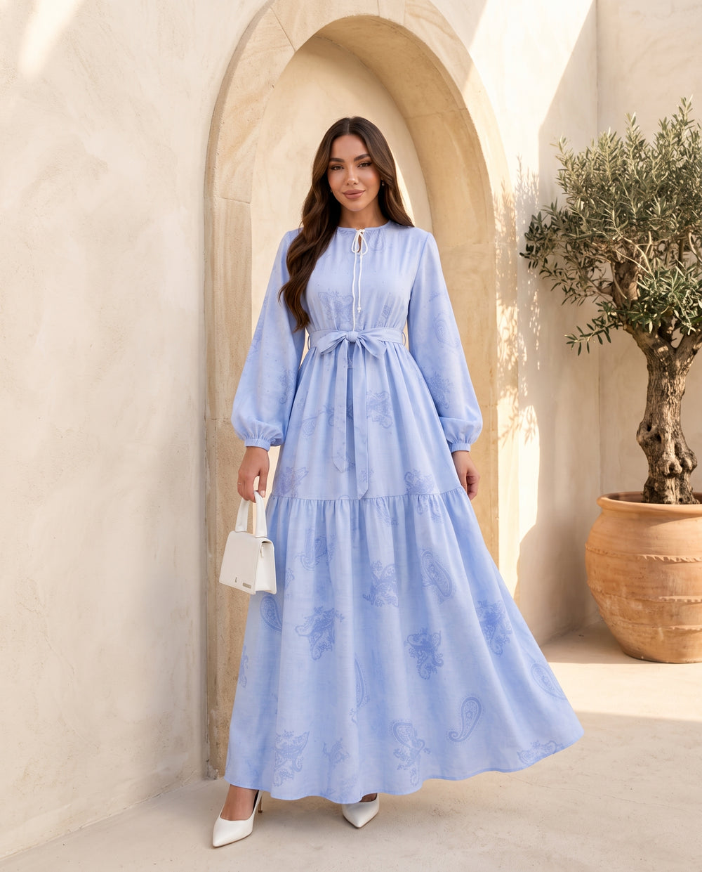 Ice Blue tie-neck belted maxi dress