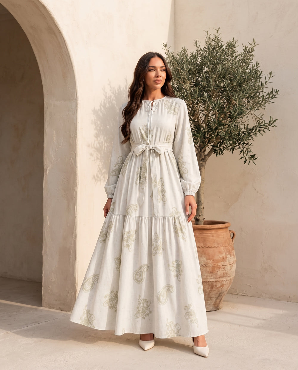 Ivory Print tie-neck belted maxi dress