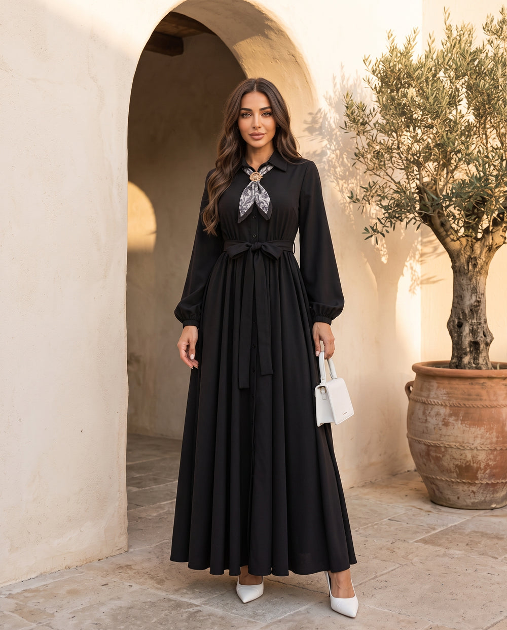 Black tie-neck belted maxi dress