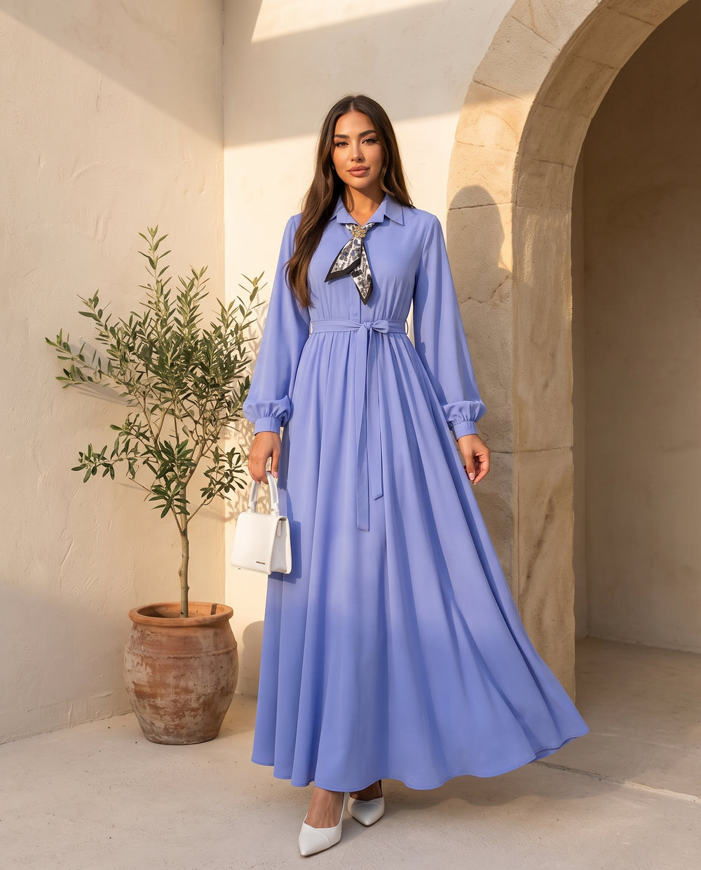 Periwinkle Blue tie-neck belted maxi dress