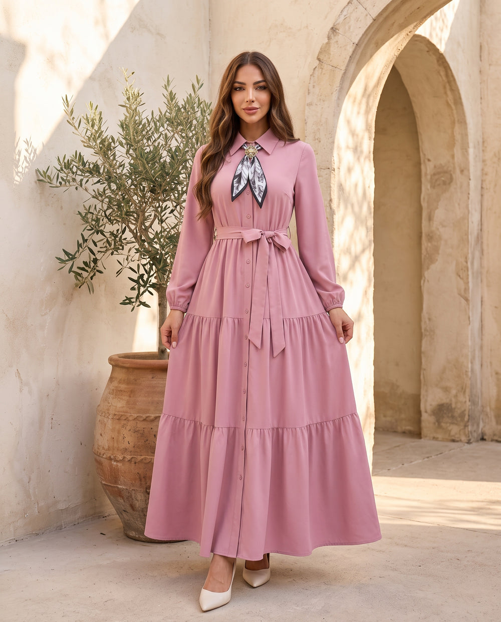 Rose Pink tie-neck belted maxi dress