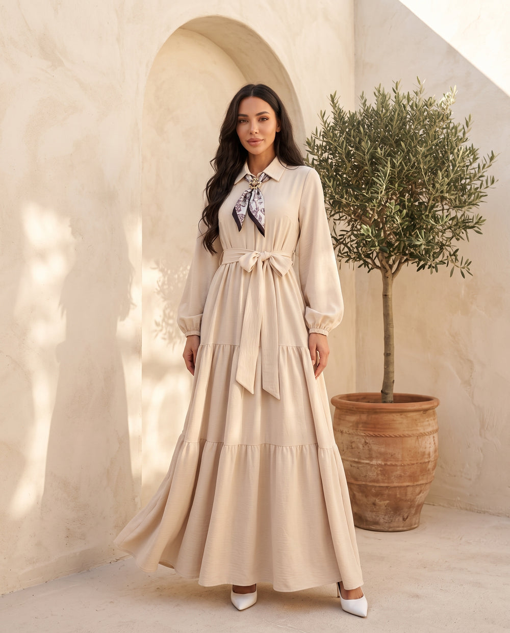 Cream tie-neck belted maxi dress