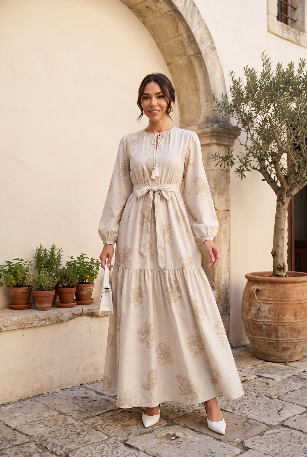 Beige Print tie-neck belted maxi dress