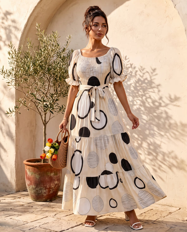 Taupe Circles square-neck maxi dress