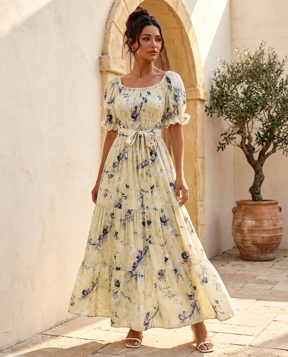 Lemon Floral square-neck maxi dress