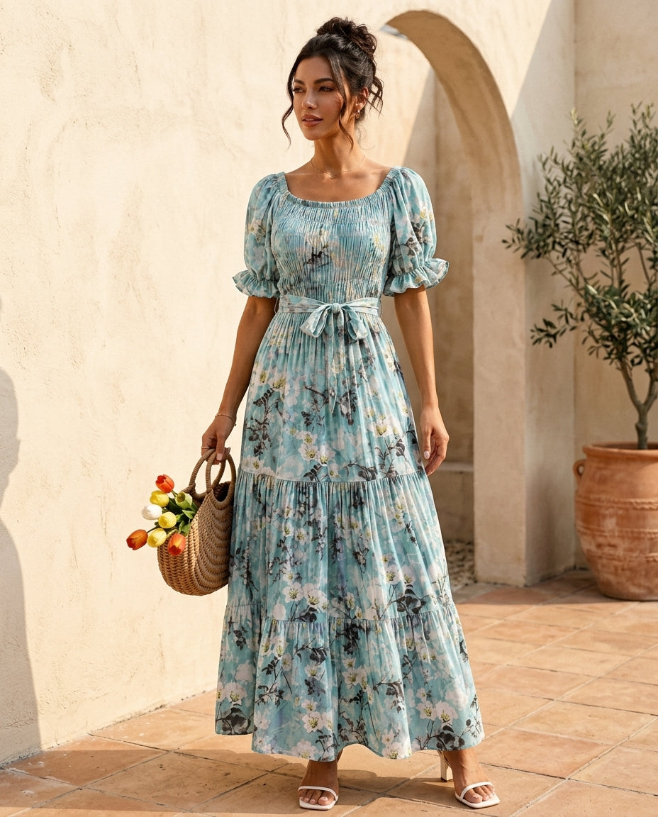 Teal Floral square-neck maxi dress