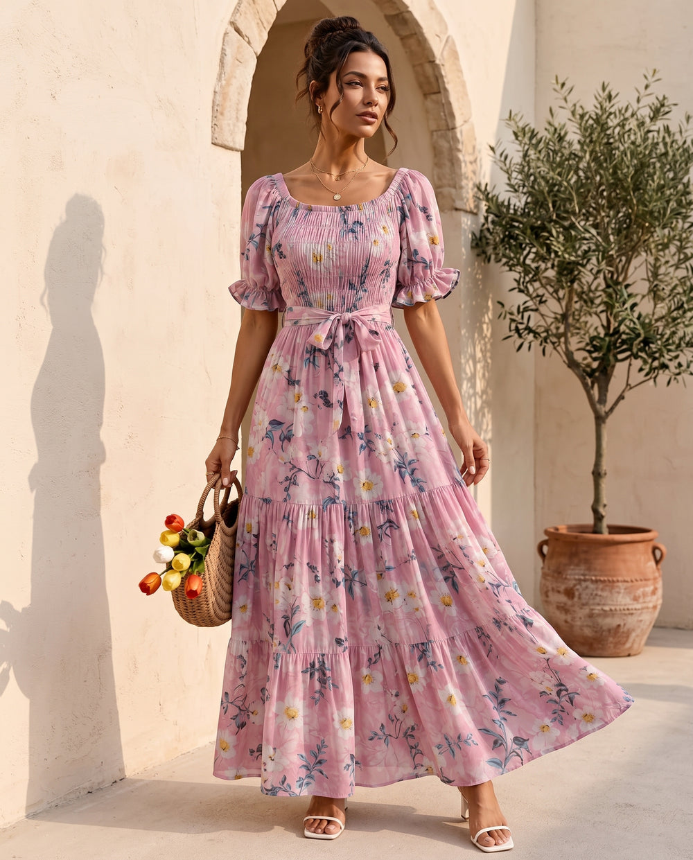 Pink Floral square-neck maxi dress